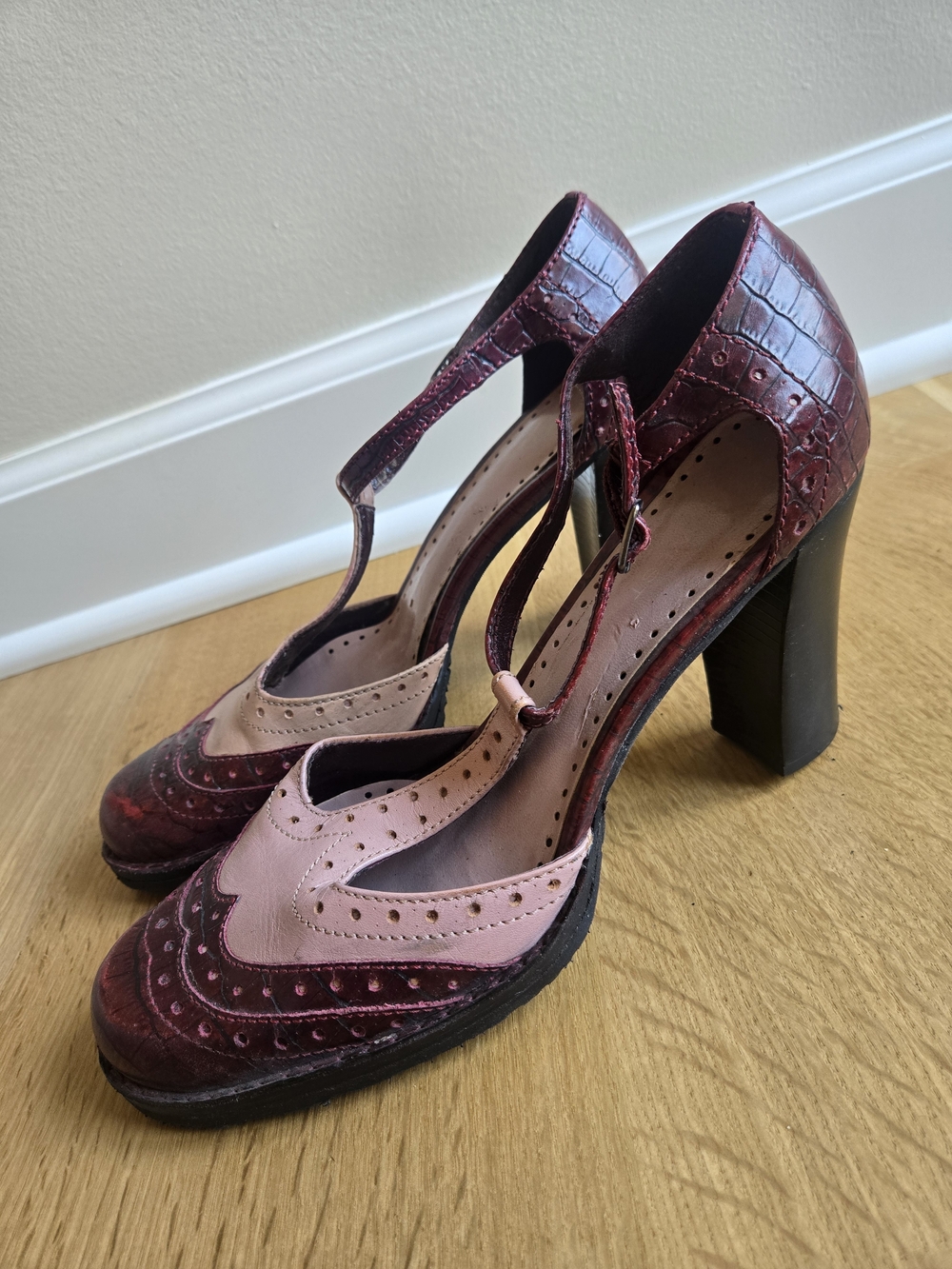 Nine West Two-Tone Pink and Burgundy T-Strap Block Heels